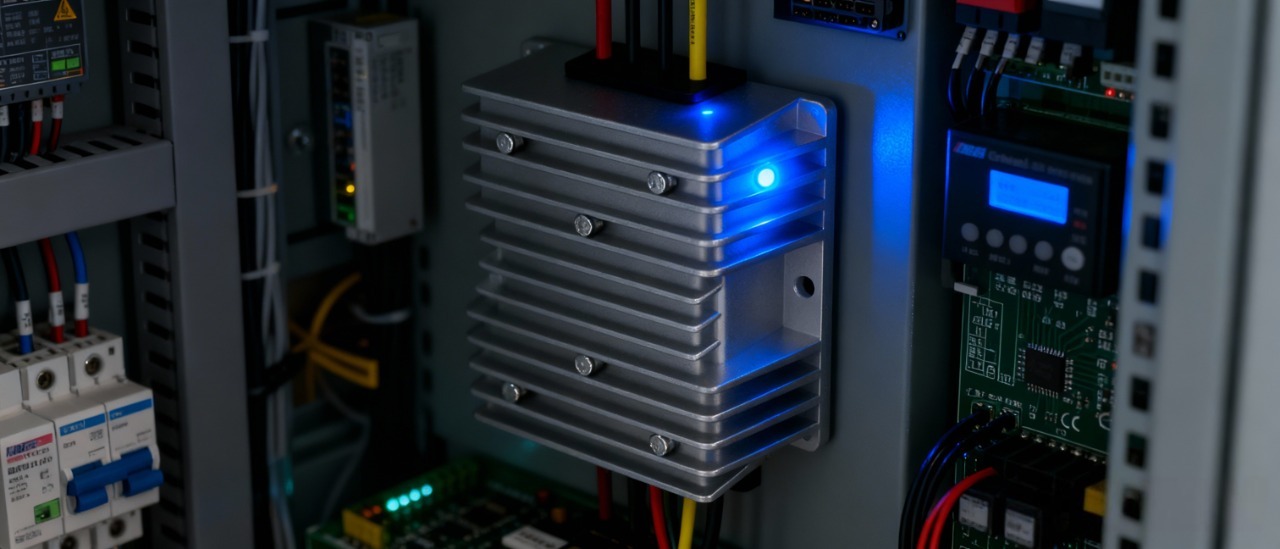 1765444903281292.jpeg jimeng-2025-12-11-8977-参考图1,工业自动化场景,DC转换器安装在控制柜内,周围有各种电子设备和线缆,蓝....jpeg